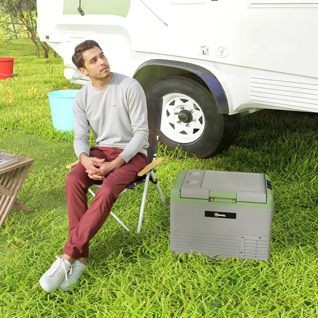 Outsunny 40L Portable Car Refrigerator - Light Green and Grey