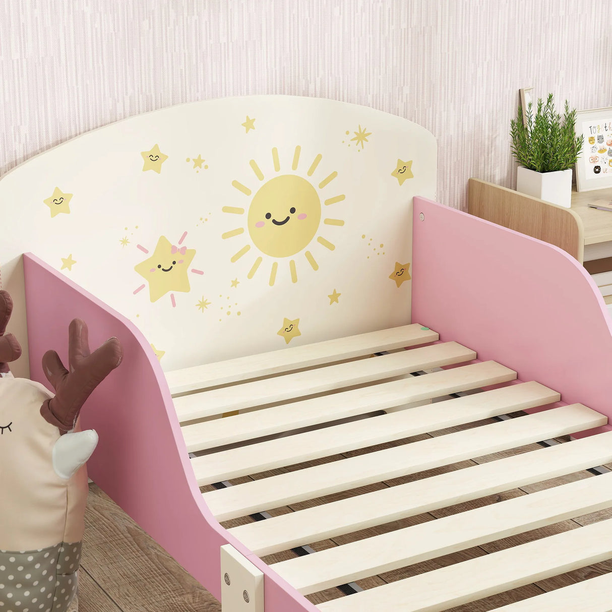 AIYAPLAY Toddler Bed with Storage, Guardrails, Sun Design, for Ages 3-8 Years, Fits 140 x 70cm Mattress,