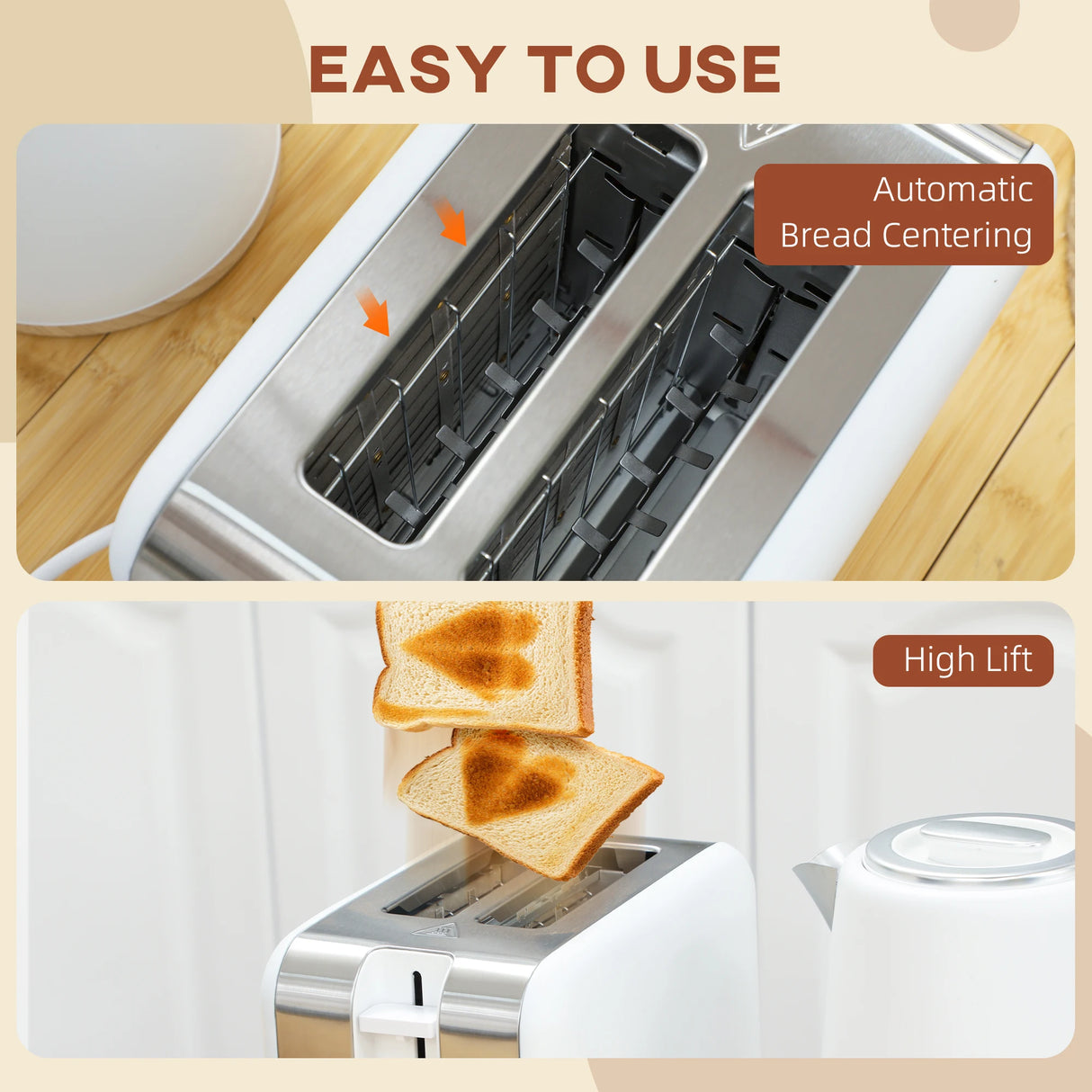 HOMCOM Stainless Steel Kettle and Toaster Set, 1.7L 3000W Fast Boil Kettle & 2 Slice Toaster Kitchen Set with 7 Level Browning Controls, Defrost, Reheat, Auto Off, Boil-dry Protection, White