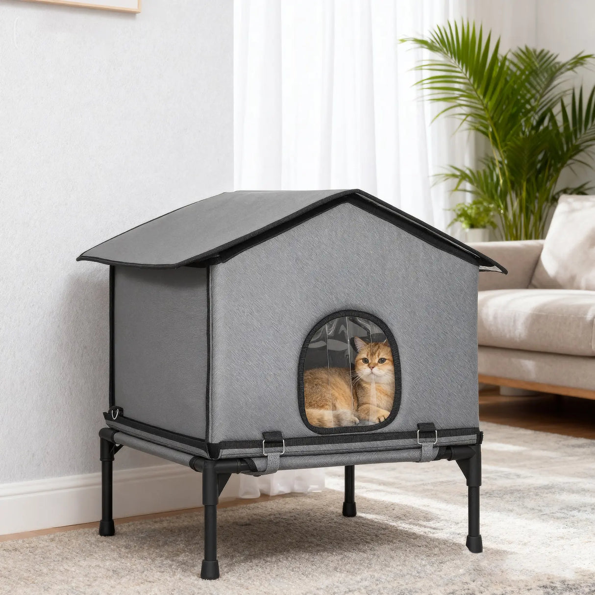 PawHut Outdoor Cat House, Waterproof Insulated Cat Kennel with Elevated Base, Foldable Feral Kitty Shelter for Kittens, Grey