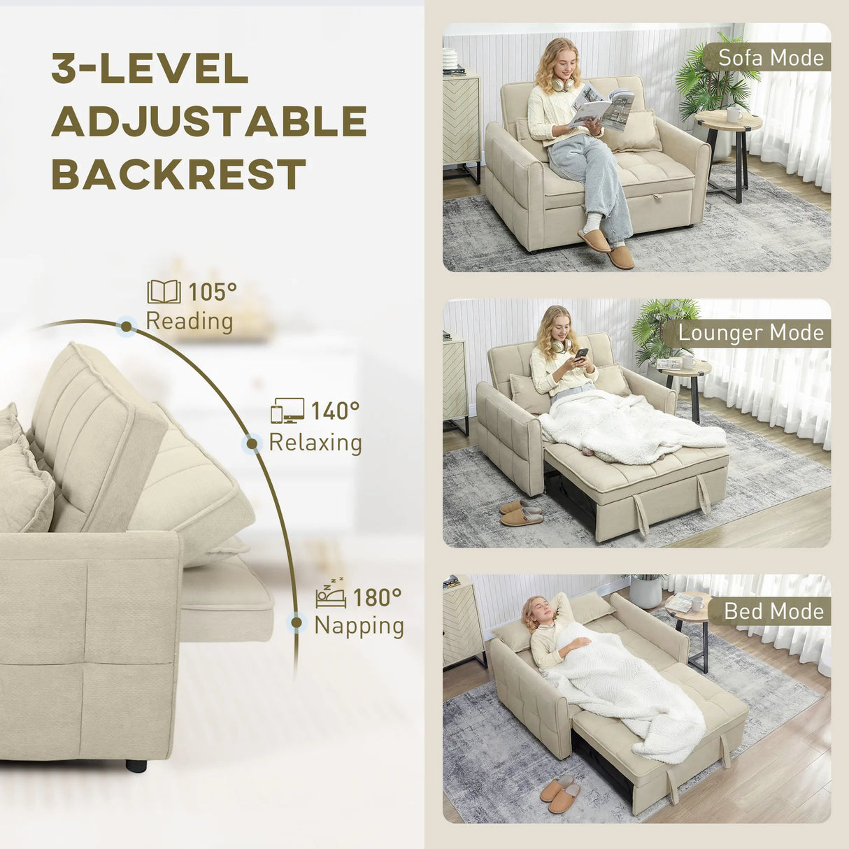 HOMCOM 2 Seater Sofa Bed, 3-in-1 Convertible Sleeper Sofa with Click-clack Adjustable Backrest and 2 Pillows, Light Brown