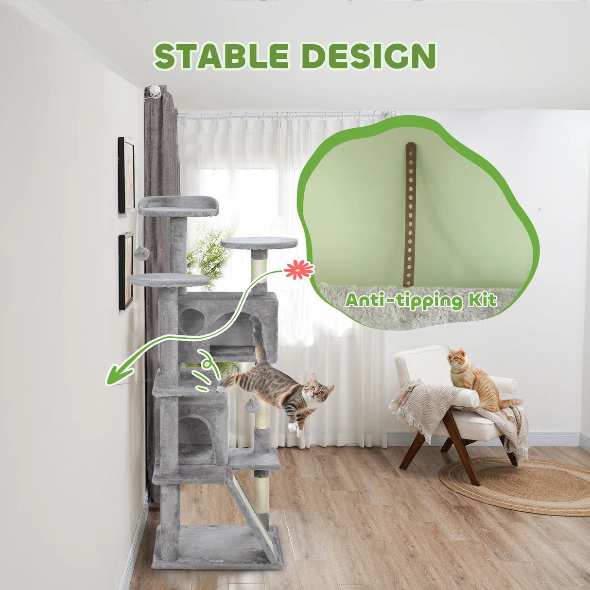 PawHut 138cm Cat Tree, Multi-Level Cat Tower with Scratching Posts and Pad, Bed, Condos, Platforms, Toy Balls, Light Grey