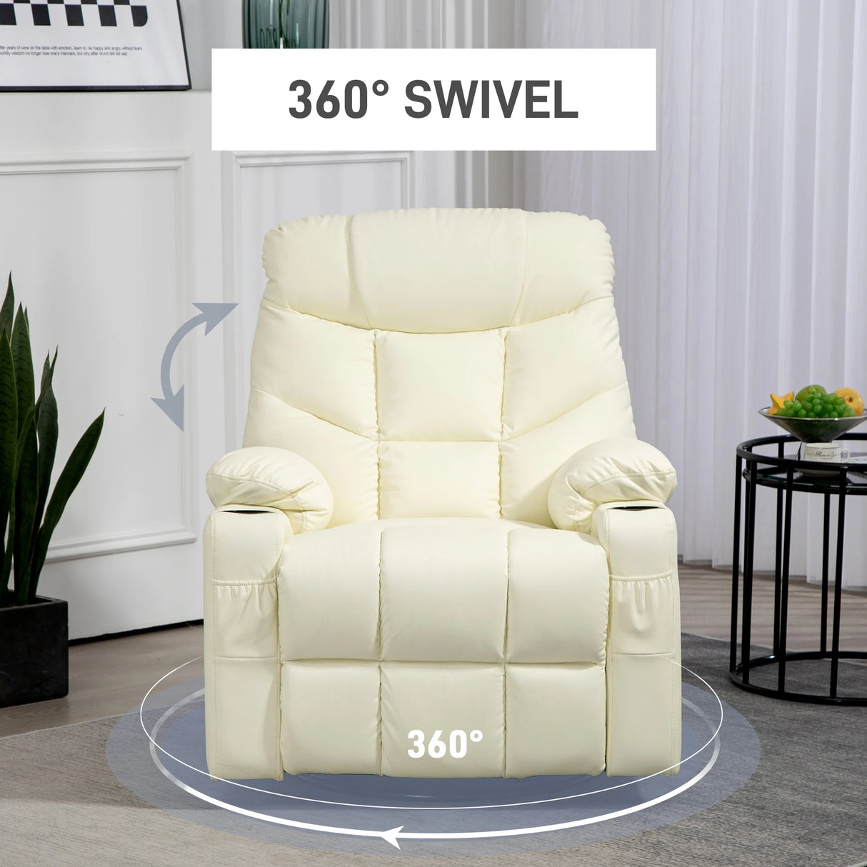 HOMCOM Manual Reclining Chair, Recliner Armchair with Swivel, Faux Leather, Footrest, Cup Holders, 86x93x102cm, Cream