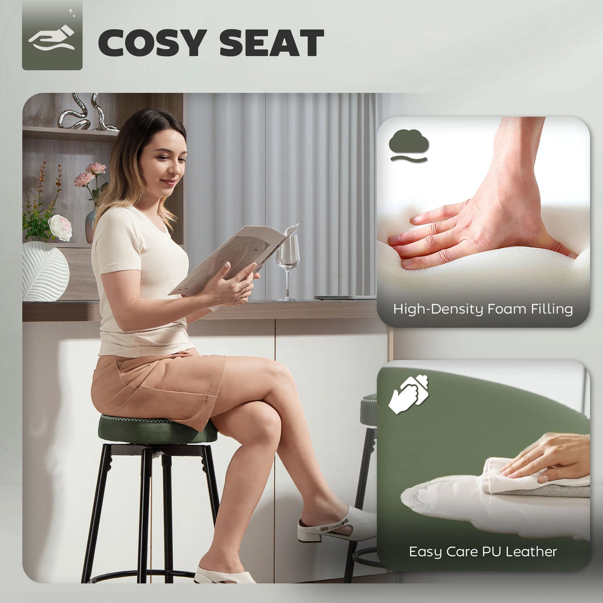 HOMCOM Set of Two Faux Leather Bar Stools - Green/Black