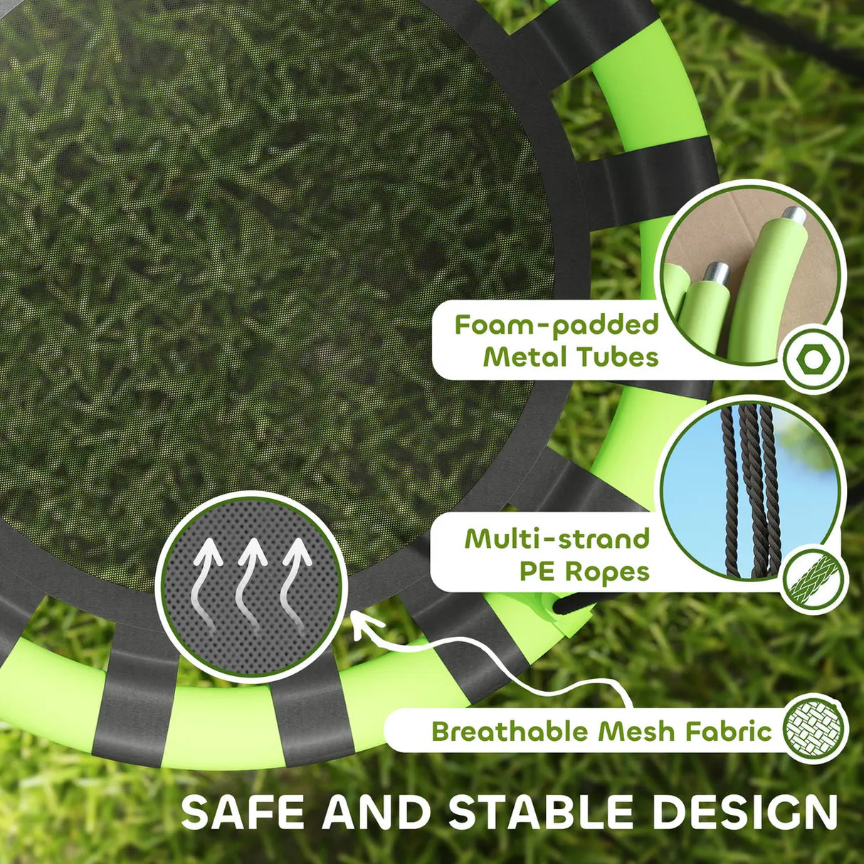 AIYAPLAY 60cm Diameter Kid Nest Swing Seat with Height Adjustable Ropes, for Outdoor, Indoor, Black/Green