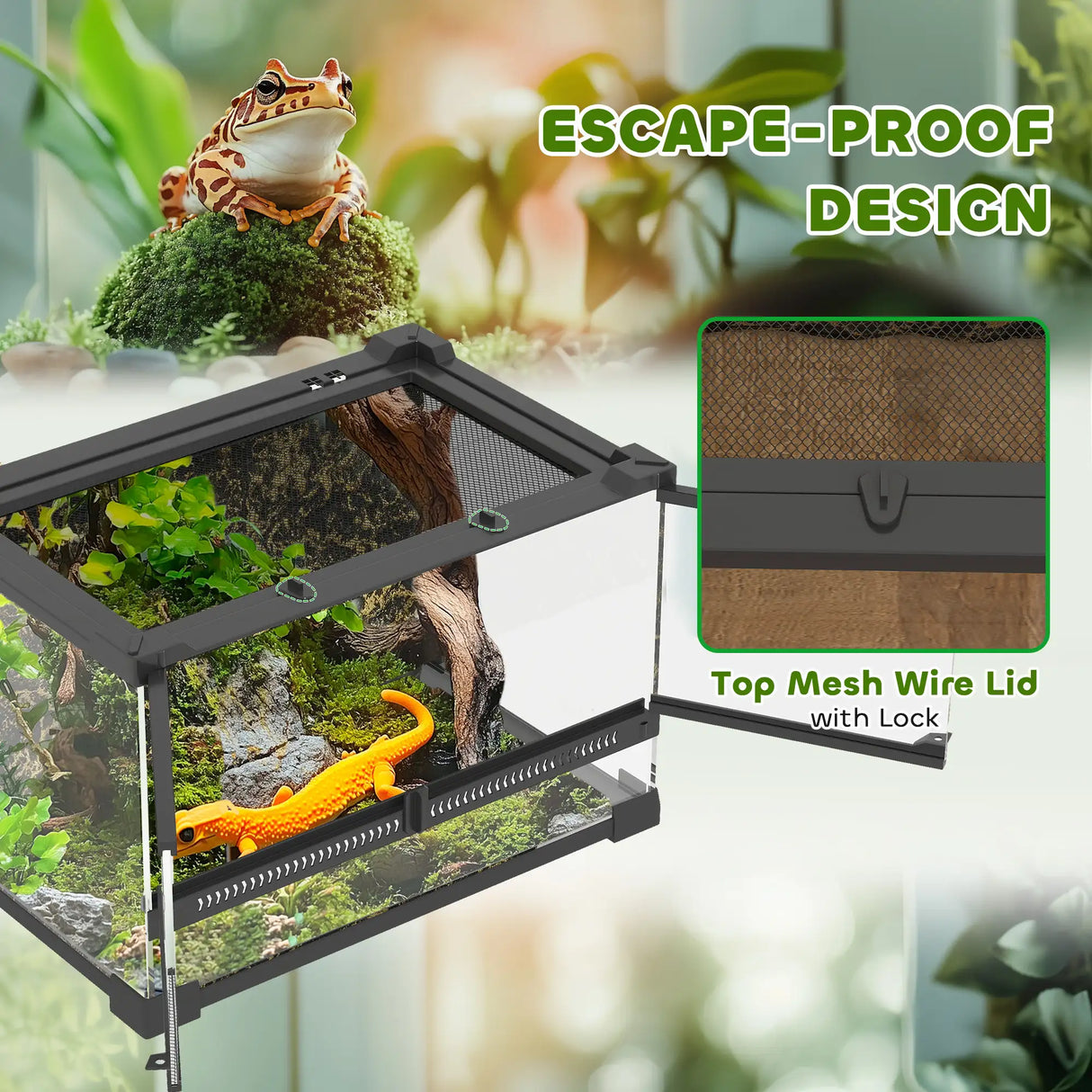 PawHut Reptile Glass Terrarium with Stone Background, Front Ventilation, Escape-Proof Knob Lock, 30 x 20 x 20 cm, Black