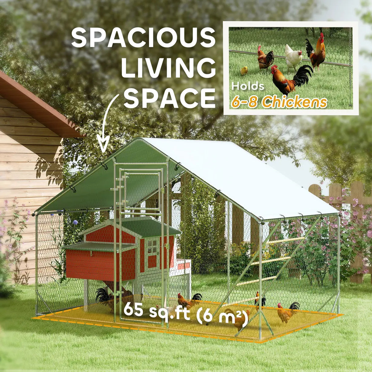 PawHut Walk-in Chicken Run w/ Cover, Feeding Door, Hanging Feeder, Perch, for 6-8 Poultry