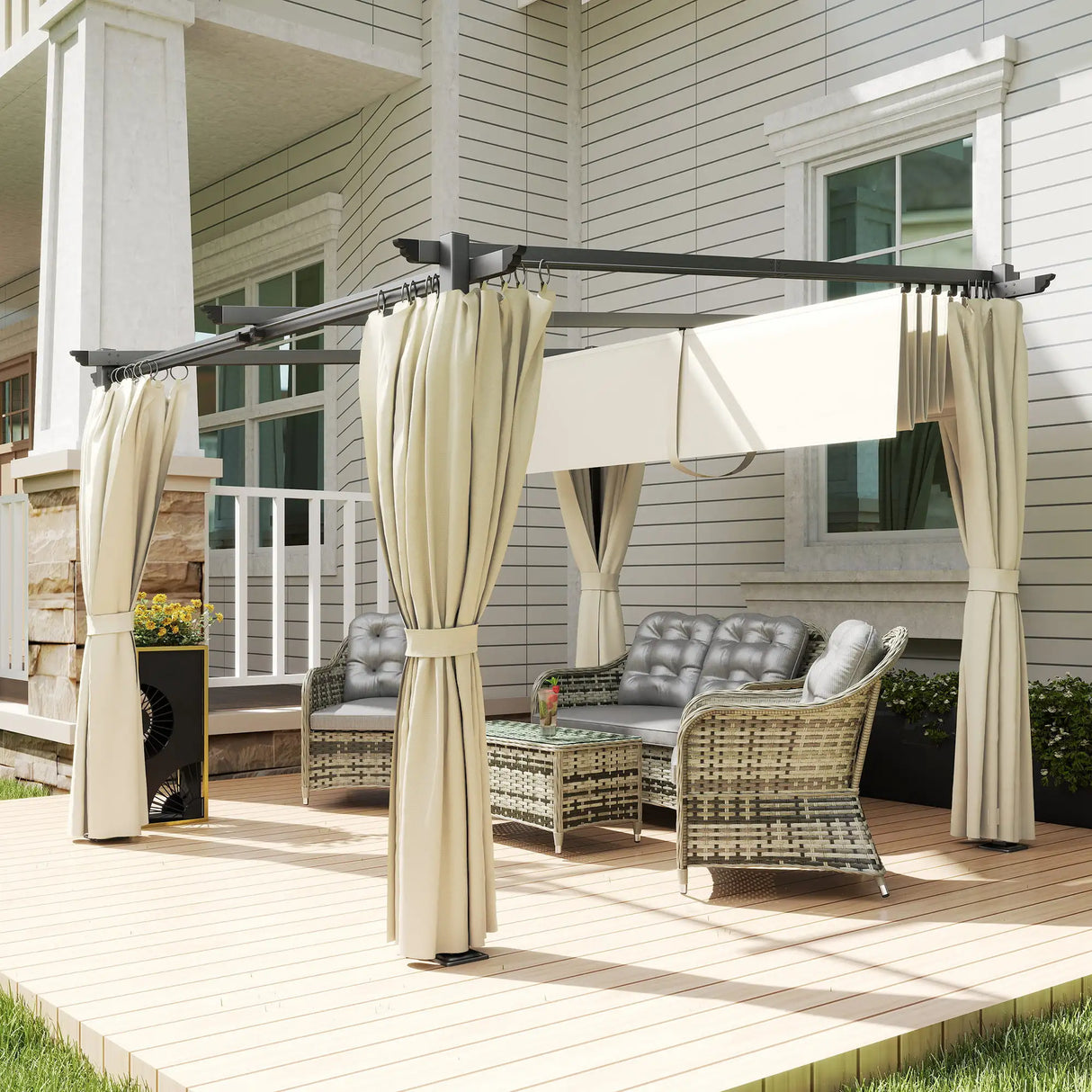 Outsunny 3 x 3 m Retractable Roof Pergola, with Curtains - Beige
