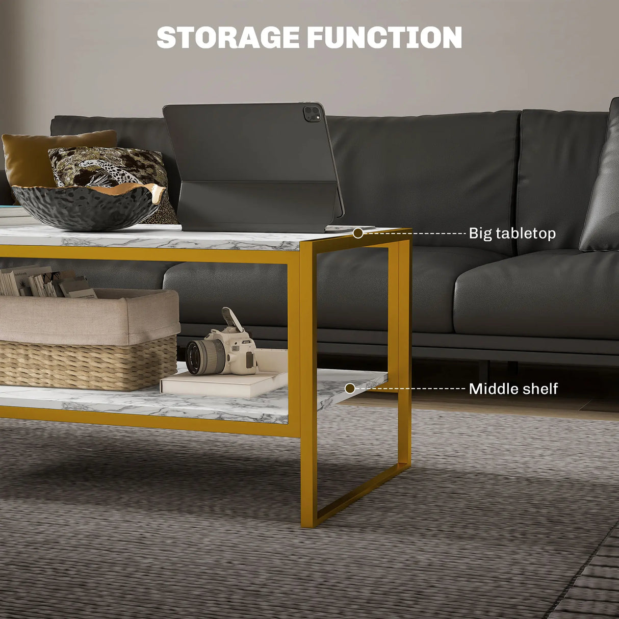 HOMCOM Coffee Table, Two-Tier Faux Marble Effect Centre Table with Metal Frame and Storage Shelf for Living Room, 106 x 50 x 45cm, White