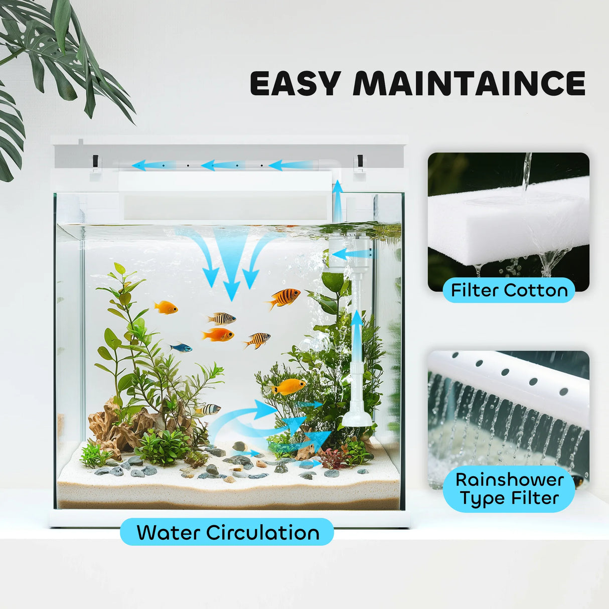 PawHut 14L Glass Fish Tank With Filter System, LED Lights, Water Pump, White