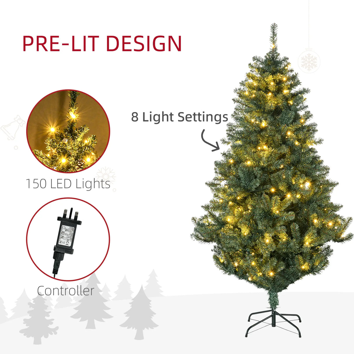 HOMCOM 6' Artificial Prelit Christmas Trees Holiday Dcor with Warm White LED Lights, Decoration, Banner, Tag, Ball