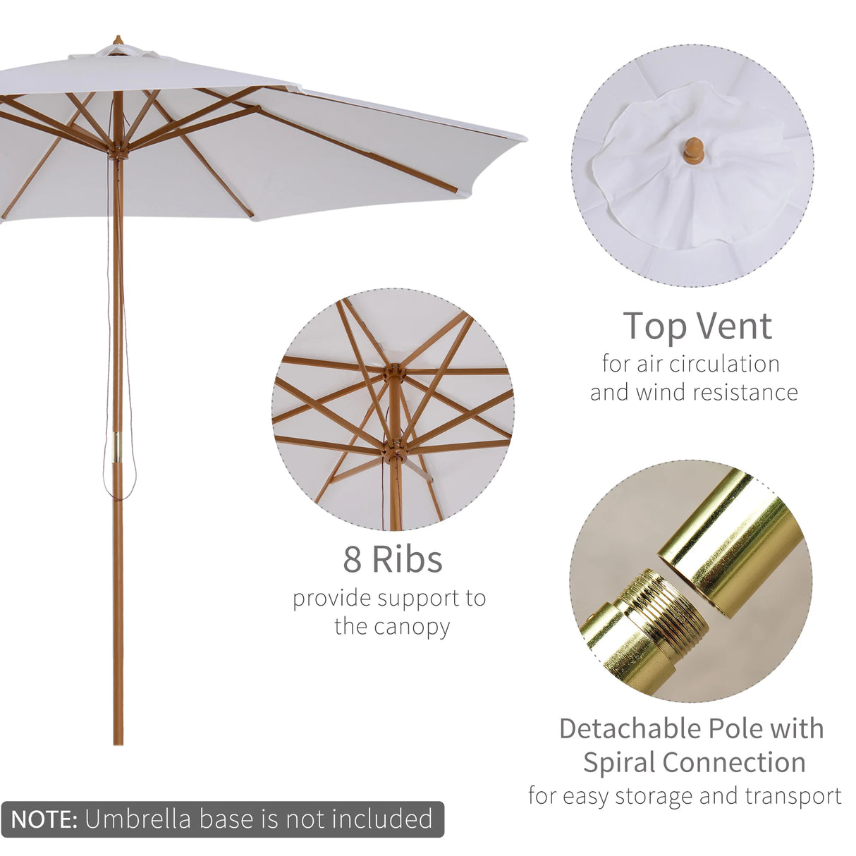 Outsunny 3(m) Garden Parasol, Pulley Operated Patio Umbrella, Wooden Table Market Umbrella with Rope Pulley Mechanism and 8 Ribs, Cream White