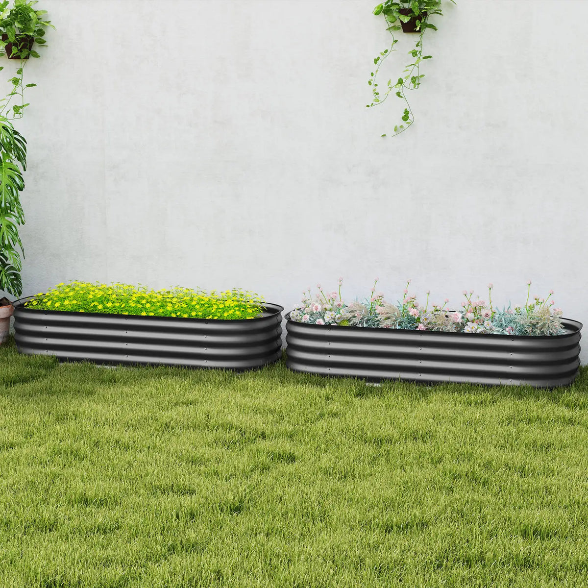 Outsunny Galvanised Raised Garden Bed, Metal Planter Box with Safety Edging, for Flowers, Herbs, Succulents, Pack of 2, Dark Grey