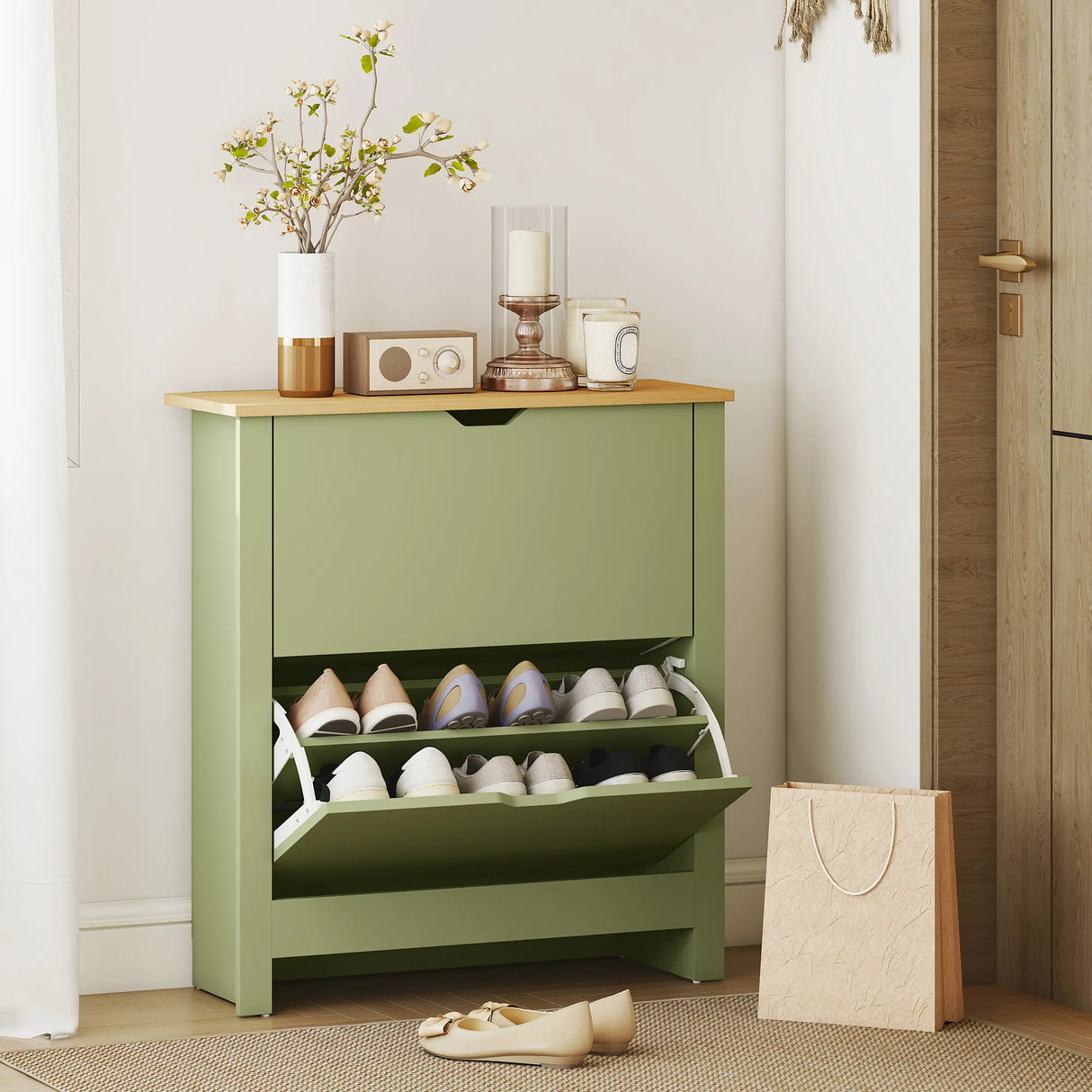 HOMCOM Slim Shoe Cabinet, Narrow Shoe Cupboard with 2 Flip Drawers, Adjustable Shelves for 12 Pairs of Shoes, Green