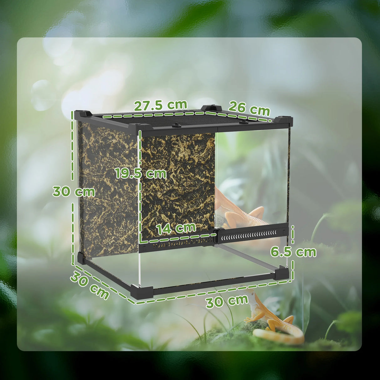 PawHut Reptile Glass Terrarium with Stone Background, Front Ventilation, Escape-Proof Knob Lock, 30 x 30 x 30 cm, Black