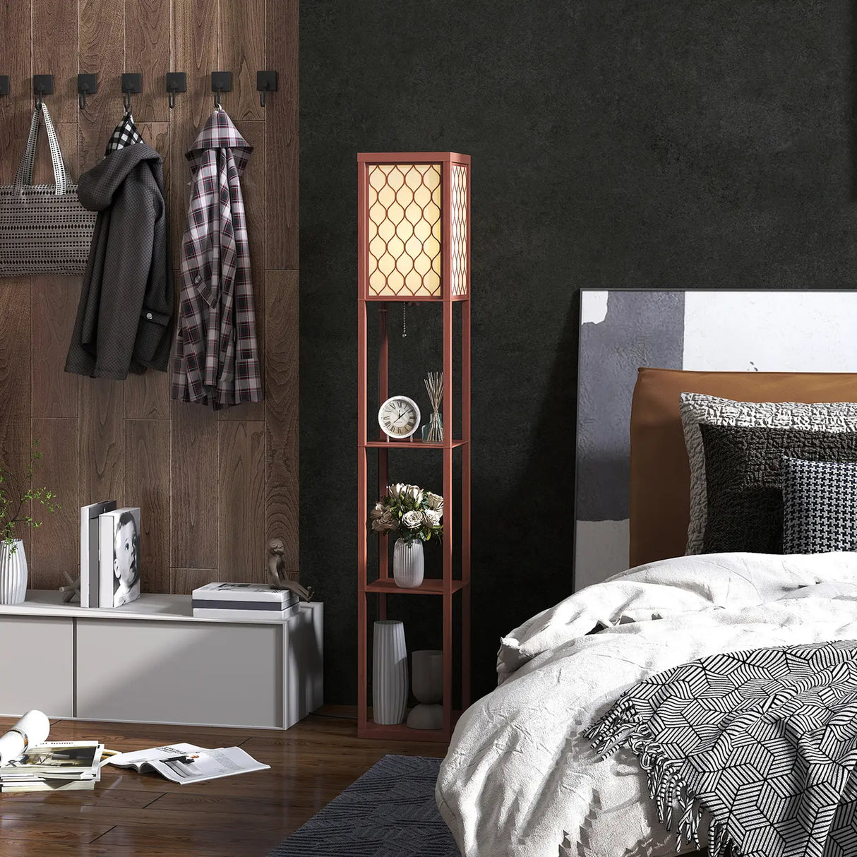 HOMCOM Three-Shelf Standing Lamp - Brown/White