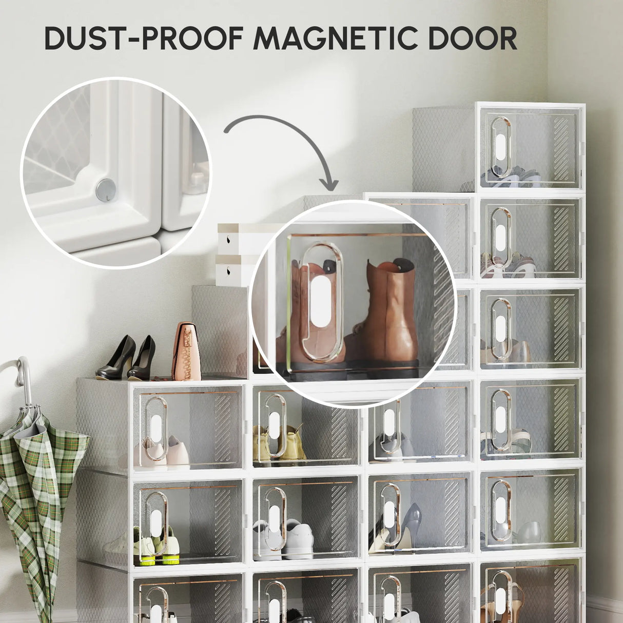 HOMCOM 18PCS Clear Shoe Box, Plastic Stackable Shoe Storage Box for UK/EU Size up to 12/46 with Magnetic Door for Women/Men, 28 x 36 x 21 cm