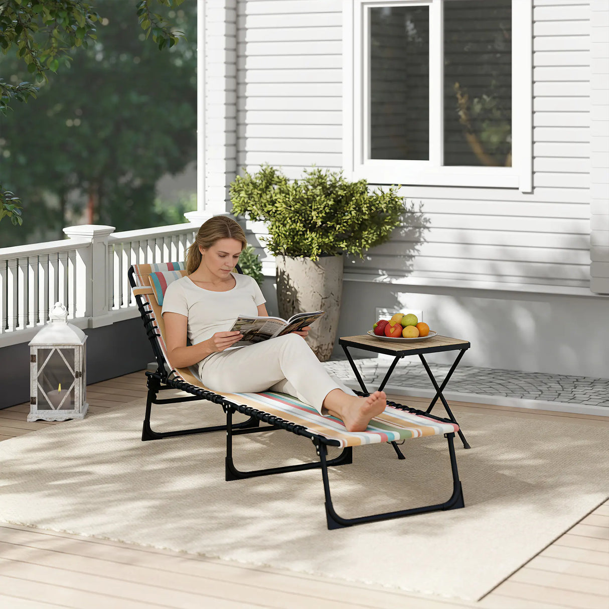 Outsunny Folding Sun Lounger Beach Chaise Chair Garden Reclining Cot Camping Recliner with 4 Position Adjustable Multicolored