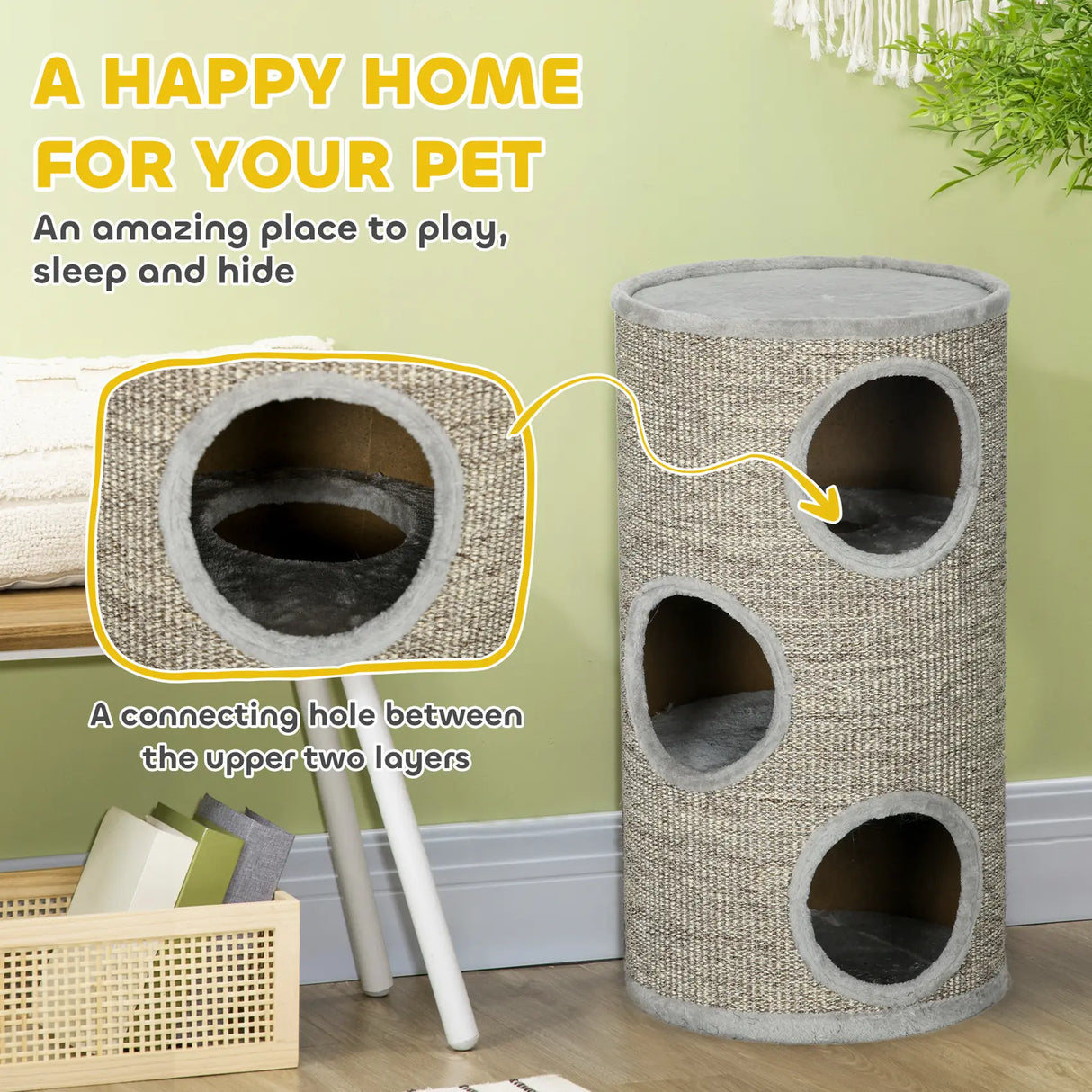PawHut Cat Climbing Frame, Covered with Sisal, Cosy Platform - Light Grey