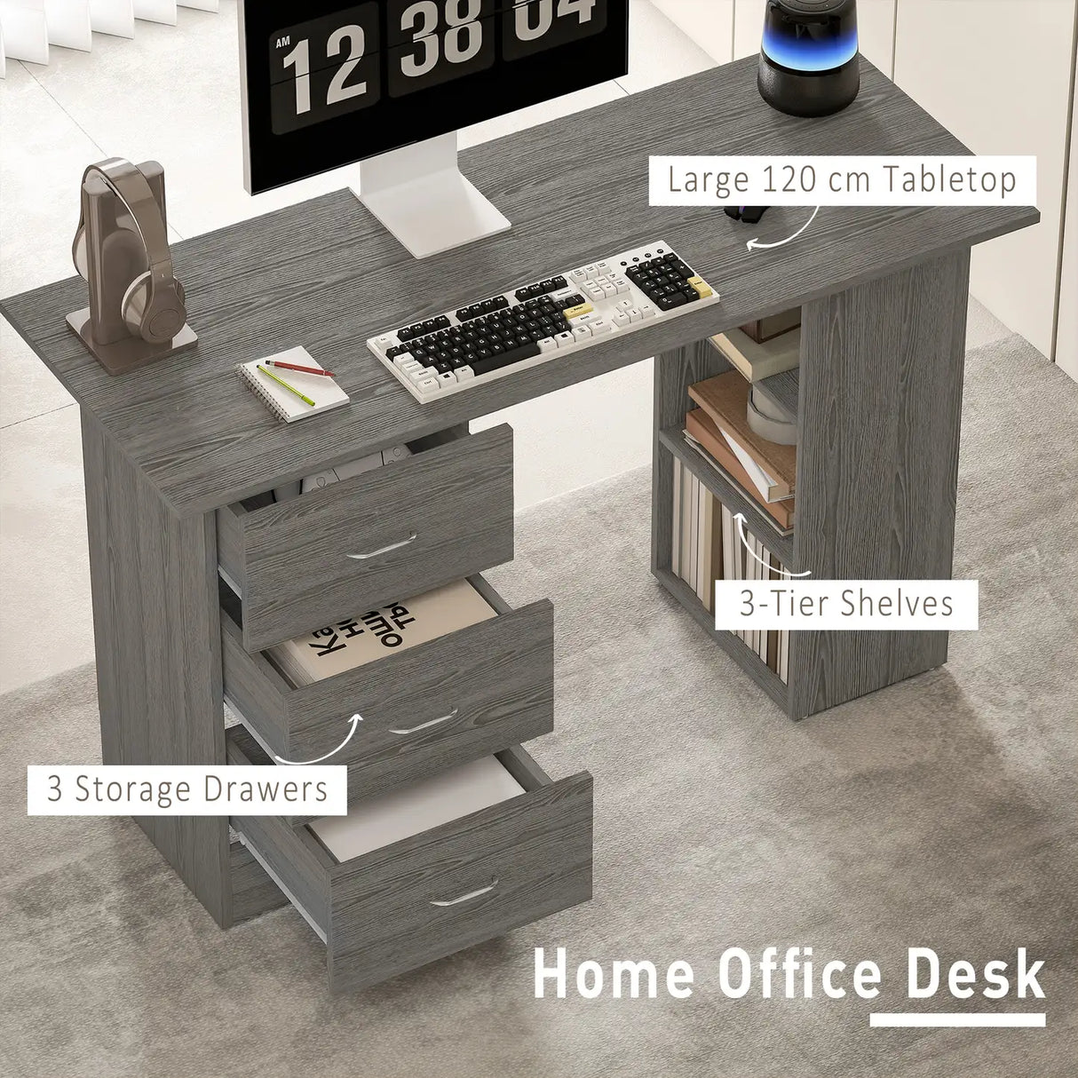 HOMCOM Computer Desk, Writing Table, PC Workstation with 3 Storage Shelves and Drawers, Silver Handle, for Home Office, Grey