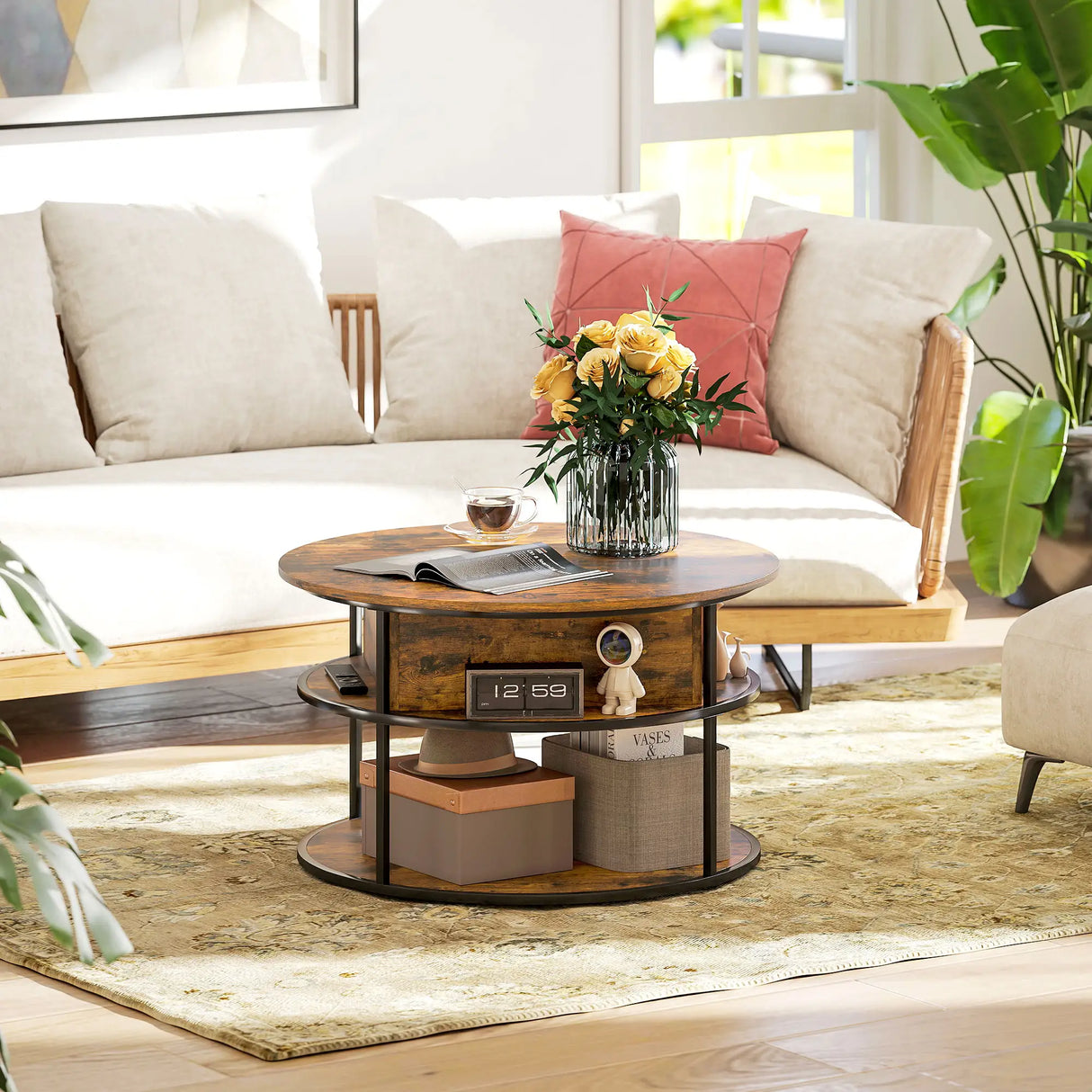 HOMCOM Lift Top Coffee Table, Round Coffee Table with Storage Shelf, Hidden Compartment and Steel Frame for Living Room, Home Office, Brown