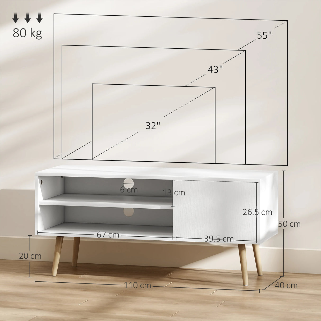 HOMCOM TV Stand up to 55 Inches, TV Unit with Open Shelves and Cable Holes - White