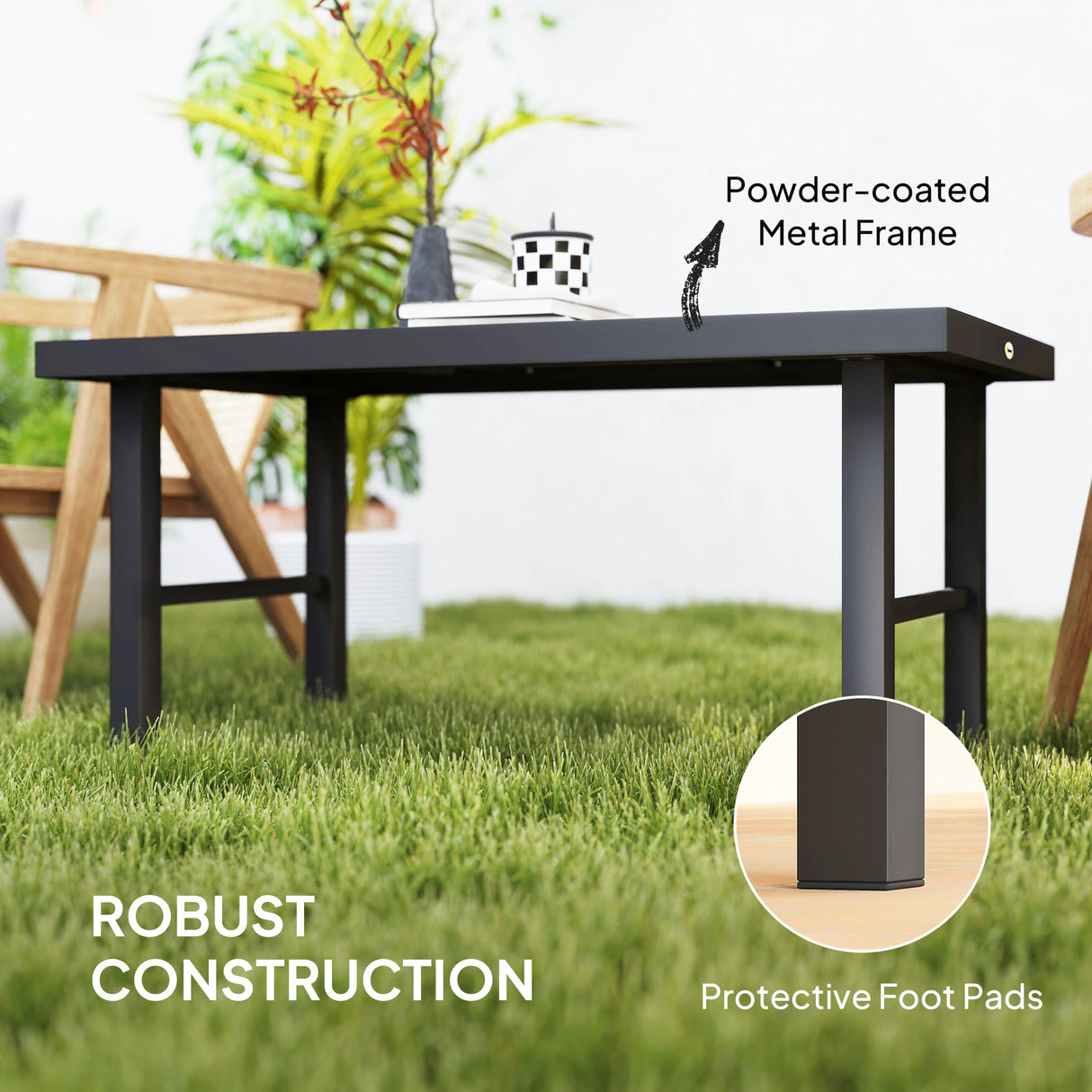 Outsunny Metal Garden Coffee Table, Outdoor Side Table with SPC Woodgrain Tabletop for Outside, Garden, Balcony, Porch, 100 x 53 x 46cm, Brown