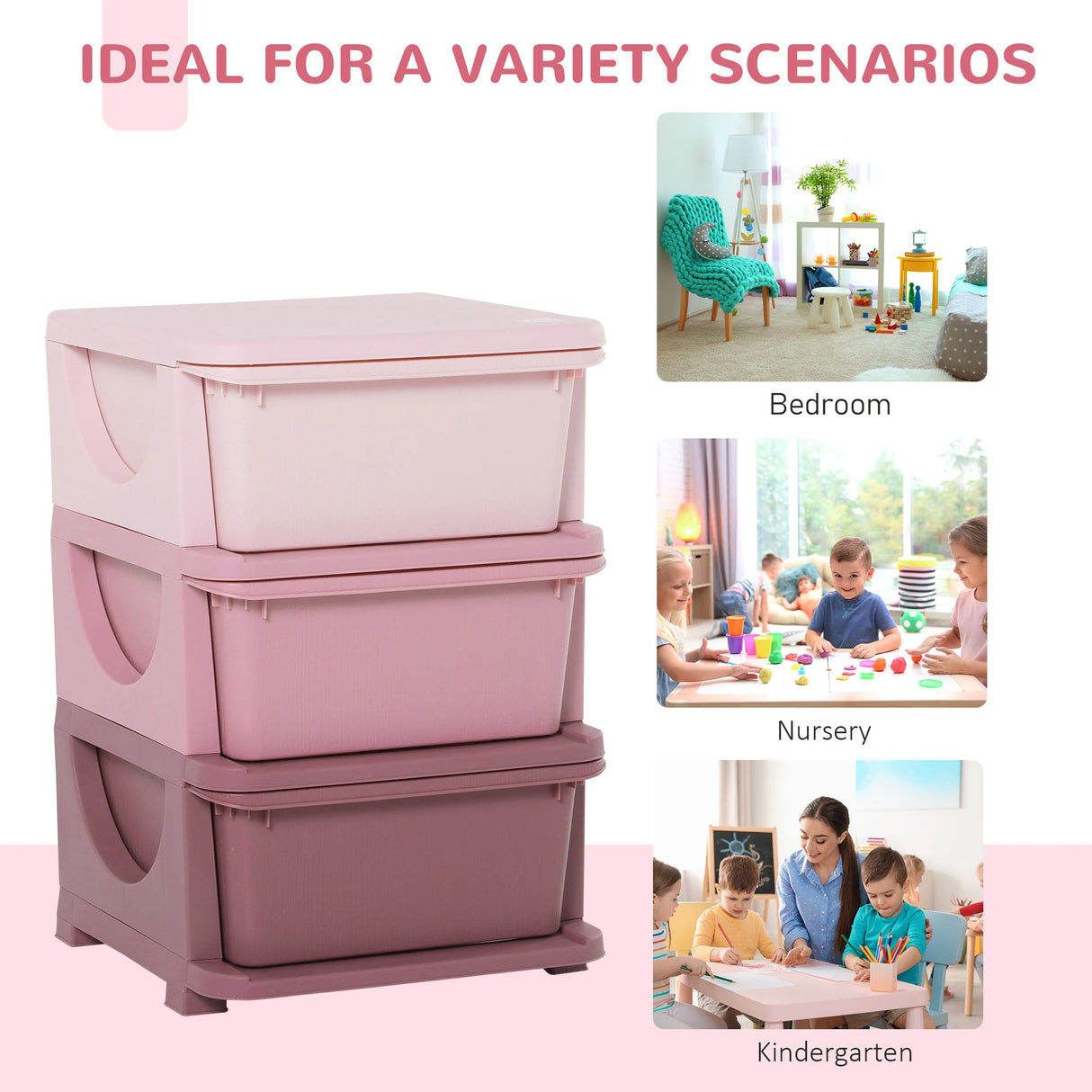 HOMCOM 3 Drawers Plastic Storage Units, 3 Tier Kids Storage Units, Children Toy Chest for Nursery, Playroom, Bedroom, Pink