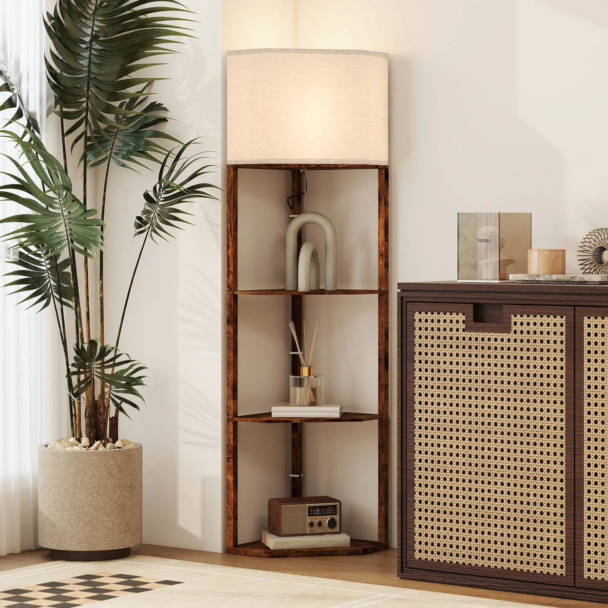 HOMCOM Corner Floor Light, with Shelves - Wood-Effect