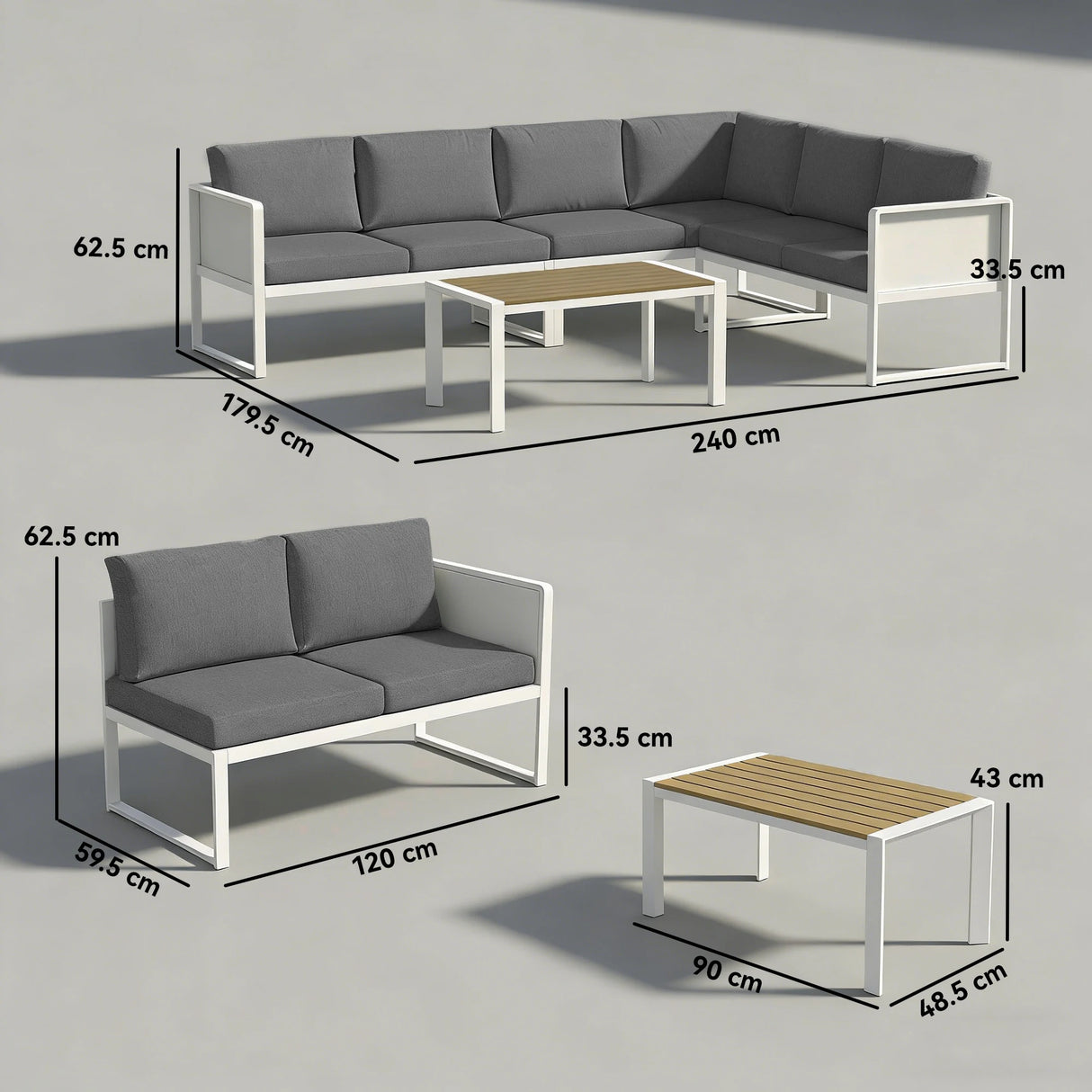 Outsunny 6 Seater Metal Garden Furniture Corner Sofa Set with 3 Loveseats, Faux Wood Table, Texteline Seat, Cushions, White