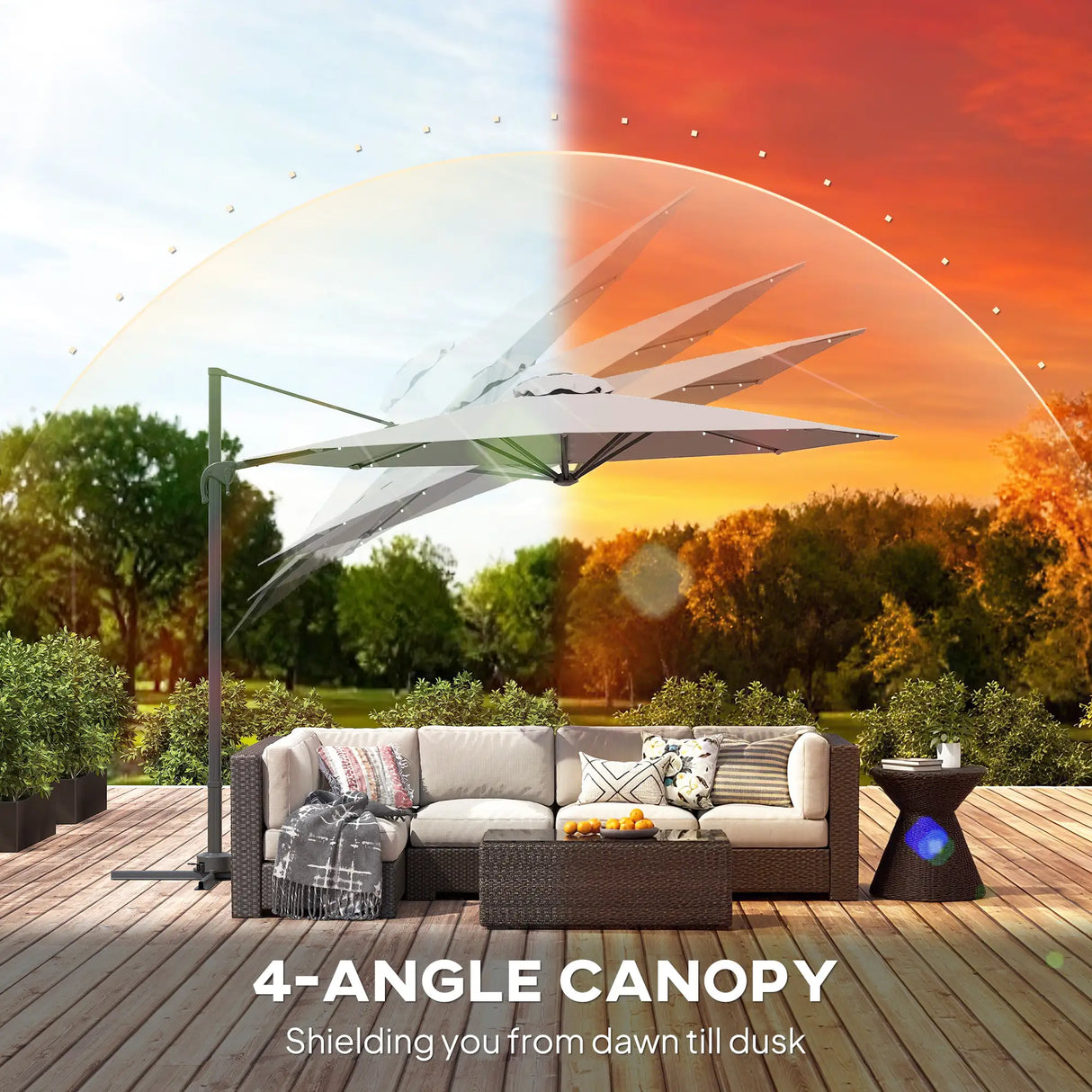 Outsunny 3(m) Cantilever Roma Parasol Patio Sun Umbrella with Crank & Tilt LED Solar Light Cross Base 360 Rotating Outdoor, Dark Grey