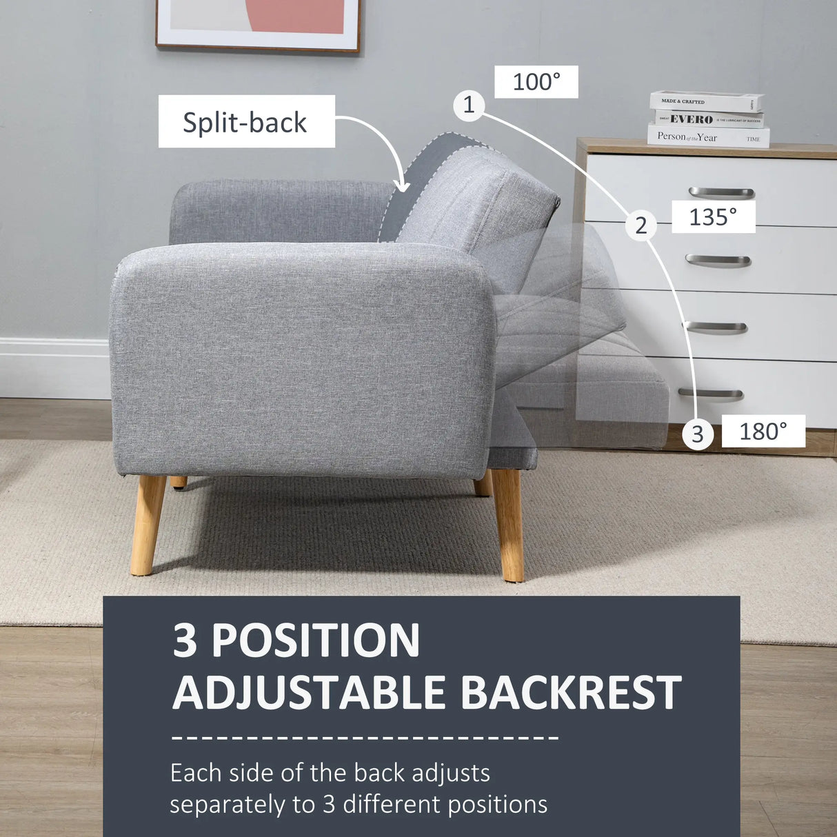 HOMCOM Three-Seater Sofa Bed, with Split Back - Light Grey