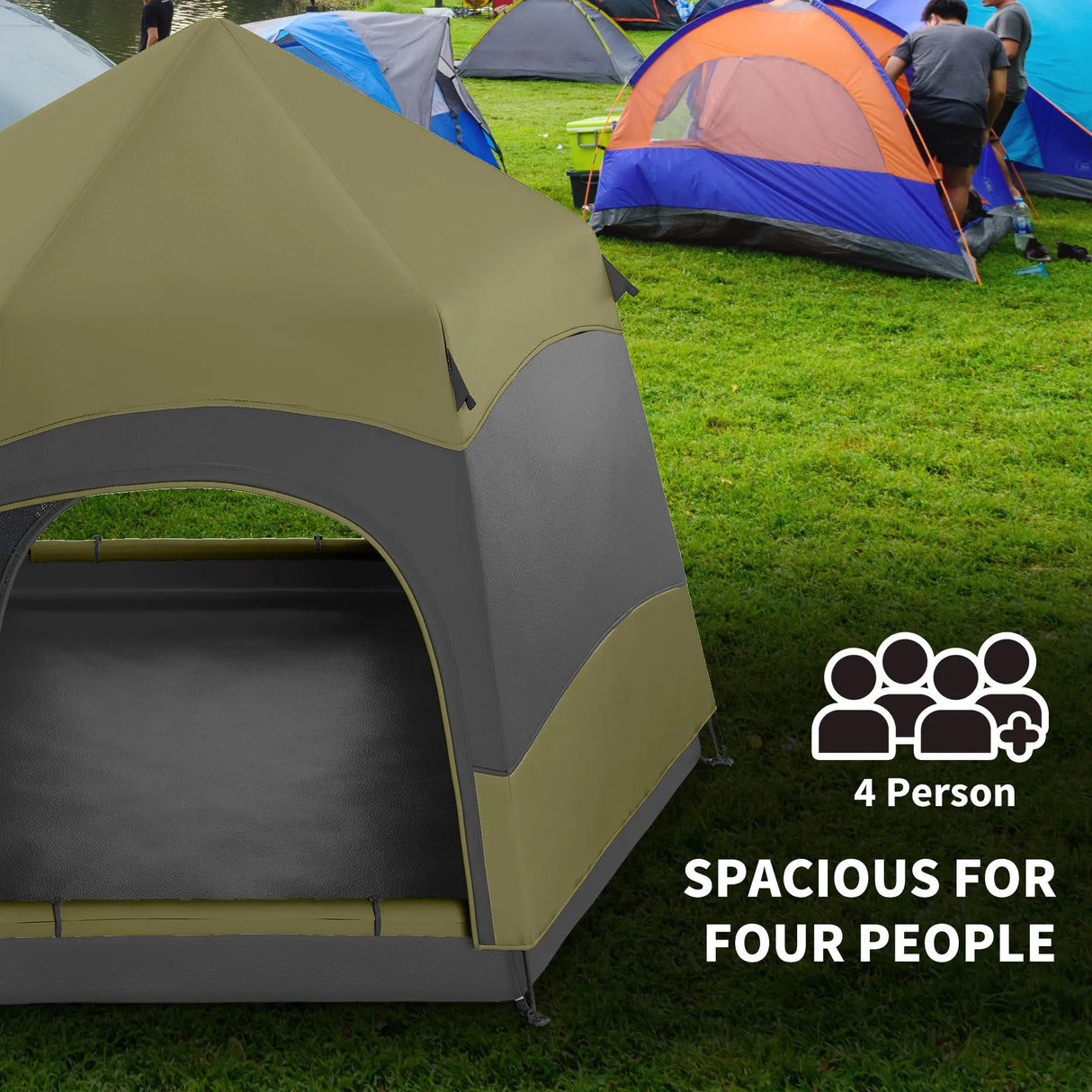 Outsunny Six Man Hexagon Camping Tent with Hang Hook and Carry Bag - Dark Green and Light Grey