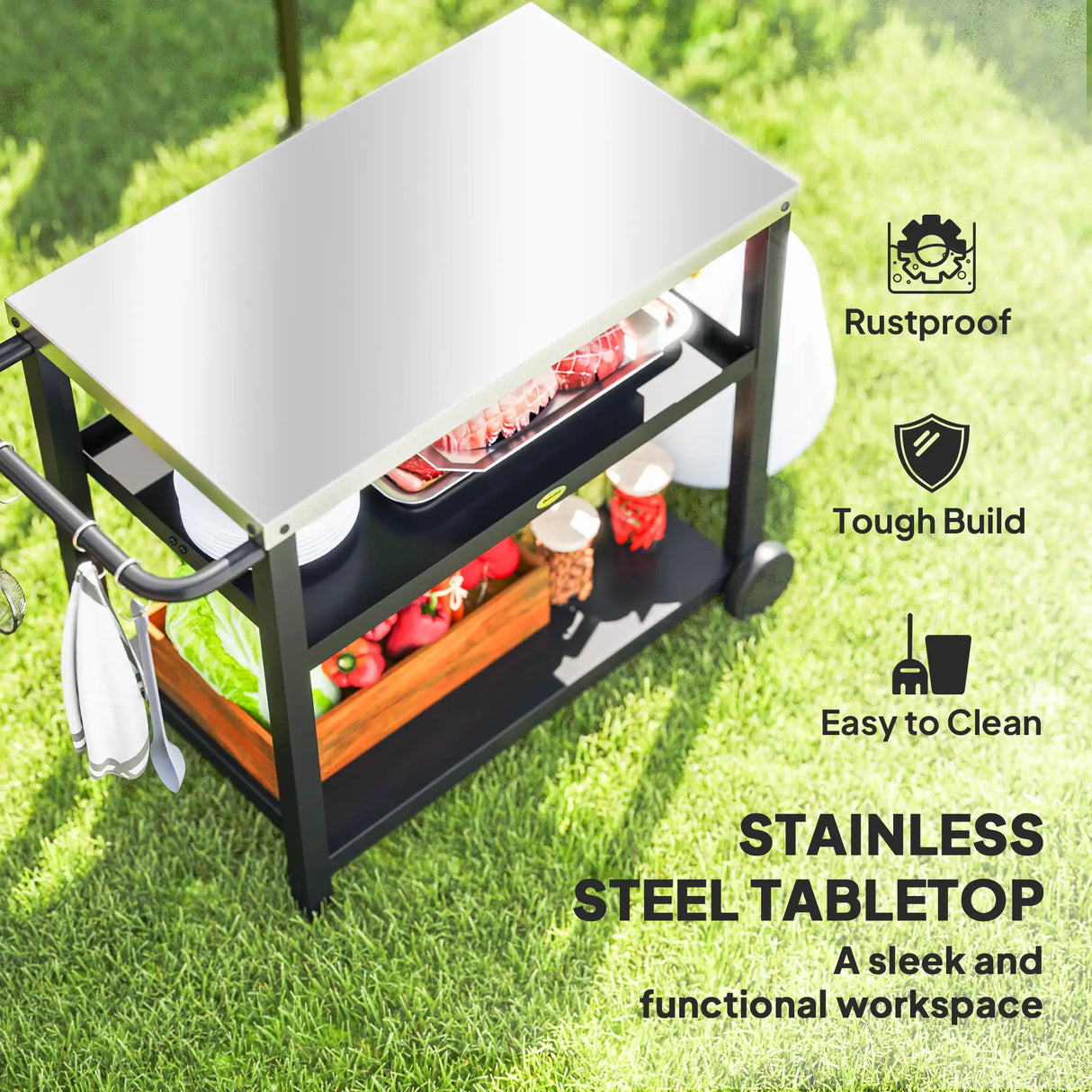 Outsunny Outdoor Grill Dining Cart 3-Shelf Movable Pizza Oven Table Stand with Stainless Steel Top, Portable BBQ Trolley Food Prep Outdoor Kitchen Barbecue Station with Hooks Wheels, Charcoal Grey