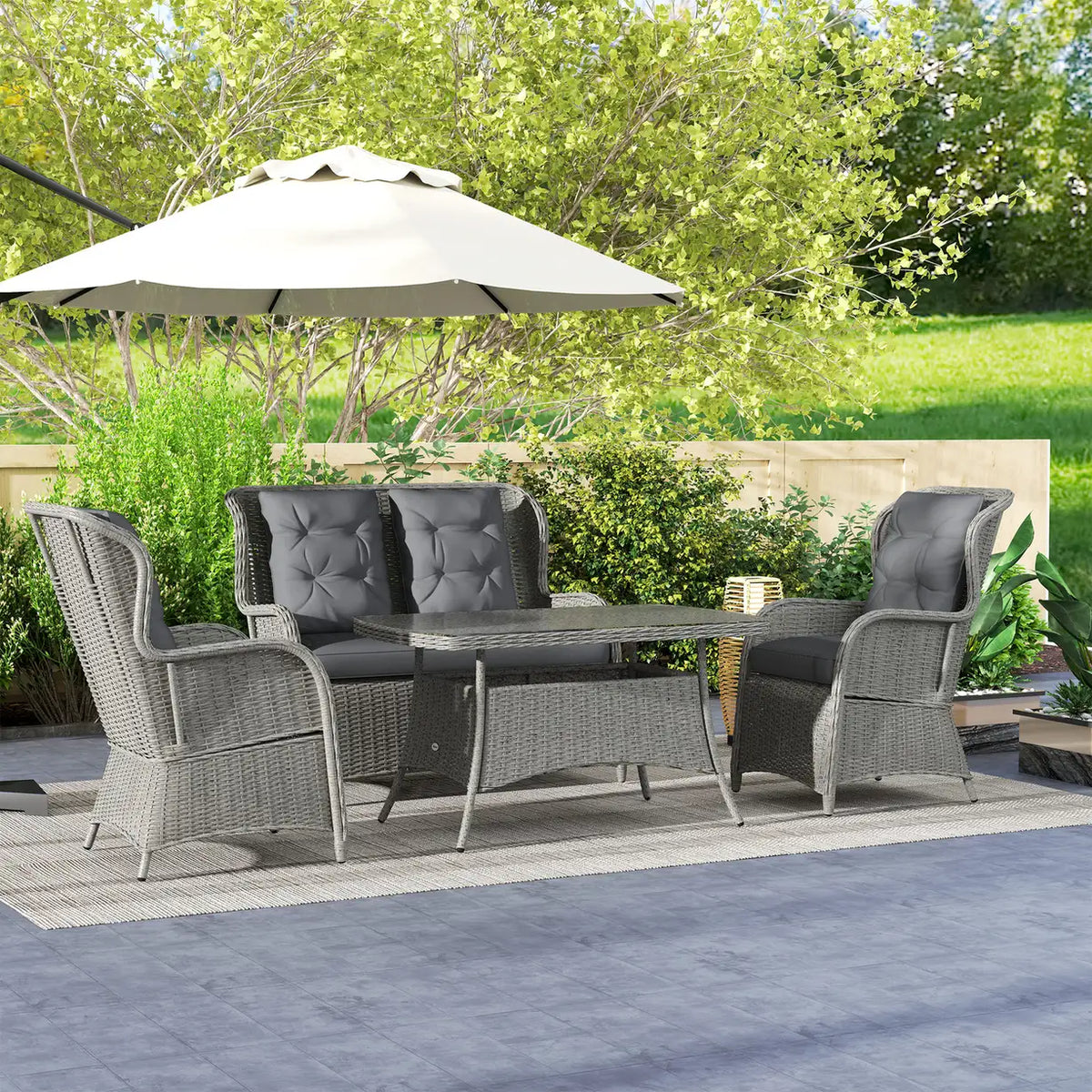 Outsunny Garden PE Rattan Dining Sofa Set, Outdoor 4 Seater Wicker Furniture, High Back Chairs with Cushions, Tempered Glass Coffee Table for Patio, Light Grey