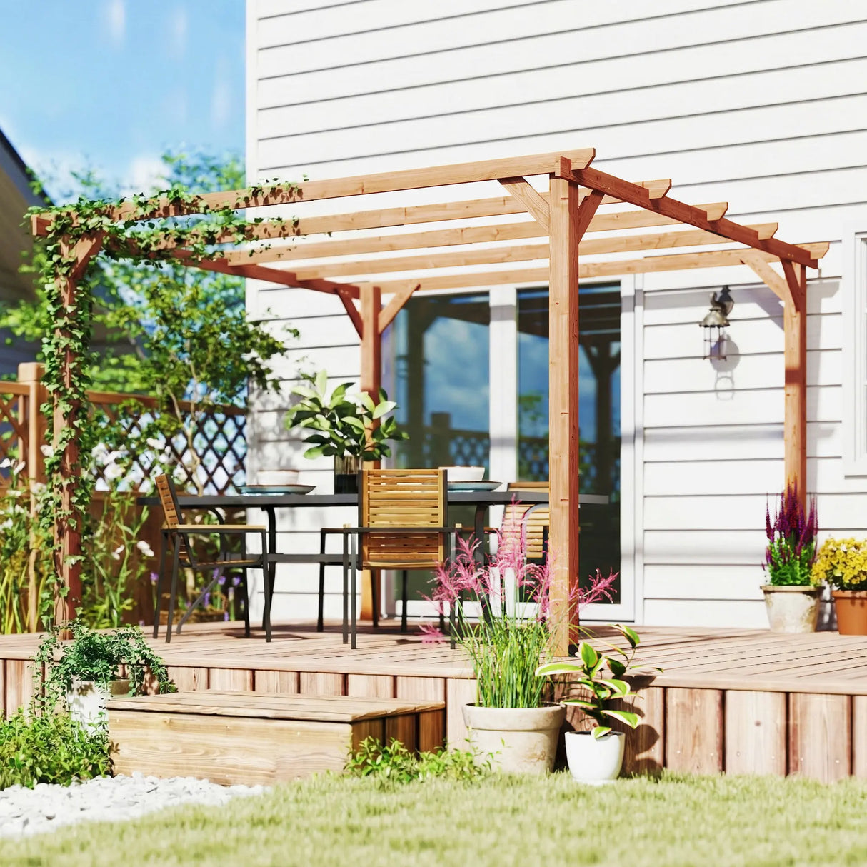 Outsunny 3 x 3 m Wooden Pergola Kit, Garden Pergola Gazebo Grape Trellis with Triangle Supports, 5 Beams, Maple Wood-effect