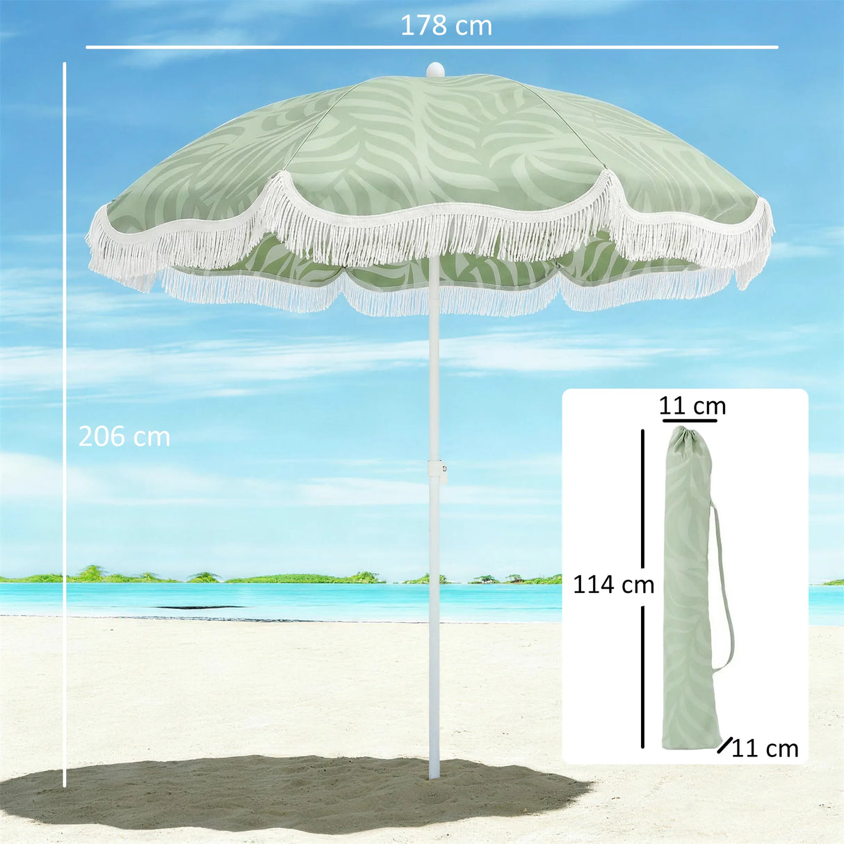 Outsunny 1.8 m Beach Umbrella Parasol with Sand Anchor, Portable Tilting Garden Parasol with Adjustable Height, Green