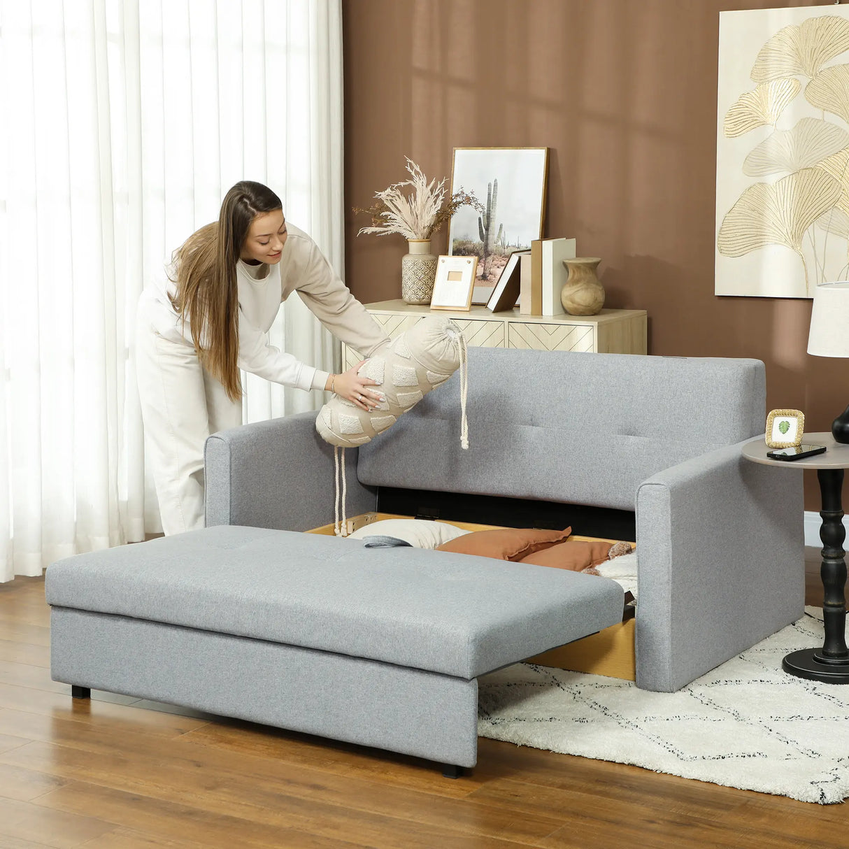 HOMCOM 2 Seater Sofa Bed with Hidden Storage, Pull Out Convertible Bed Settee, Modern Linen Loveseat Sofa Sleeper with 2 Cushions for Living Room, Guest Room, Light Grey