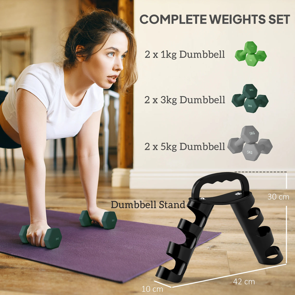 SPORTNOW Dumbbells Set with Storage Rack, 2 x 1kg, 2 x 3kg, 2 x 5kg, Green