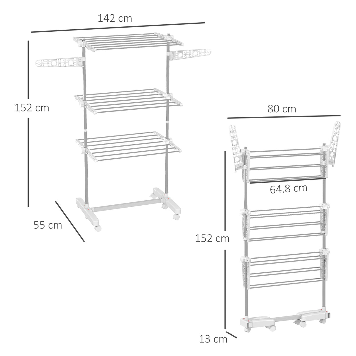 HOMCOM 3-Tier Clothes Airer, Stainless Steel Foldable Clothes Drying Rack with Wheels and Wings, Indoor and Outdoor, Easy Assembly, 142 x 55 x 152cm, White