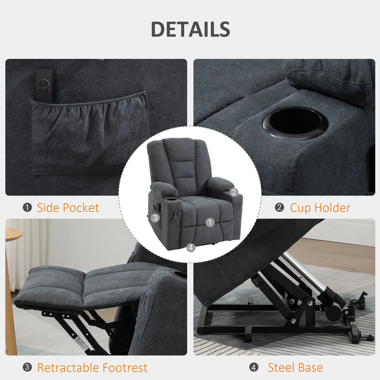 HOMCOM Electric Riser Recliner Armchair14 Oversized Chair with Cup Holder & Side Pockets for Elderly in Living Room, Charcoal Grey
