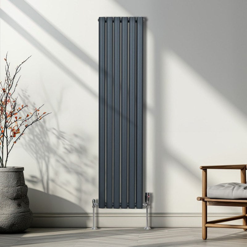Oval Column Radiator & Valves - 1600mm x 360mm Anthracite Grey