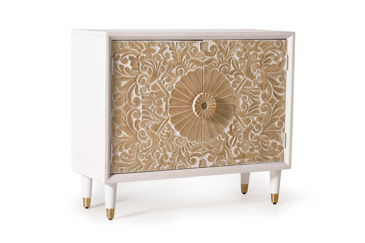Giner and Colomer 2-Door Sideboard In Mango Wood With Hand-Carved Door Details