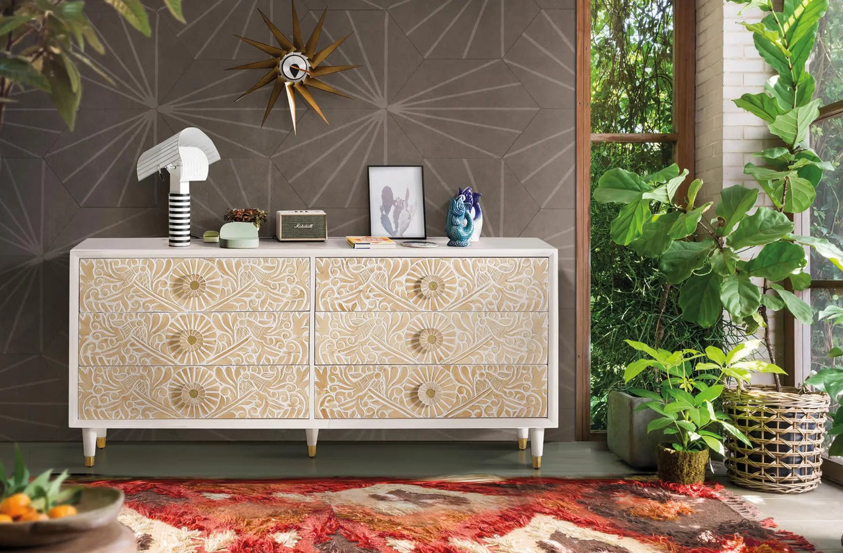 Giner and Colomer - 6-Drawer Chest Of Drawers In Mango Wood With Hand-Carved Door Details