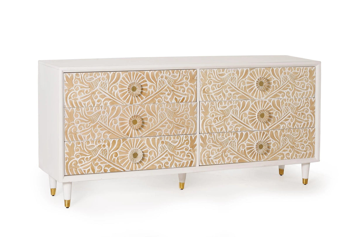 Giner and Colomer - 6-Drawer Chest Of Drawers In Mango Wood With Hand-Carved Door Details