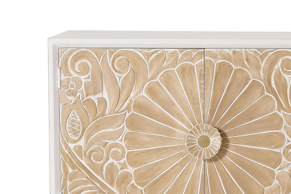 Giner and Colomer - 4-Door Mango Wood Sideboard With Hand-Carved Door Details