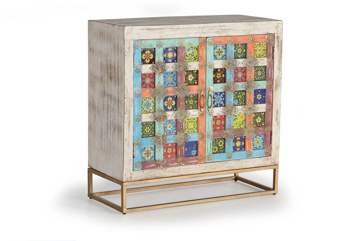 Giner and Colomer - 2-Door Mango Wood Sideboard With Metal Base & Ceramic Door Details