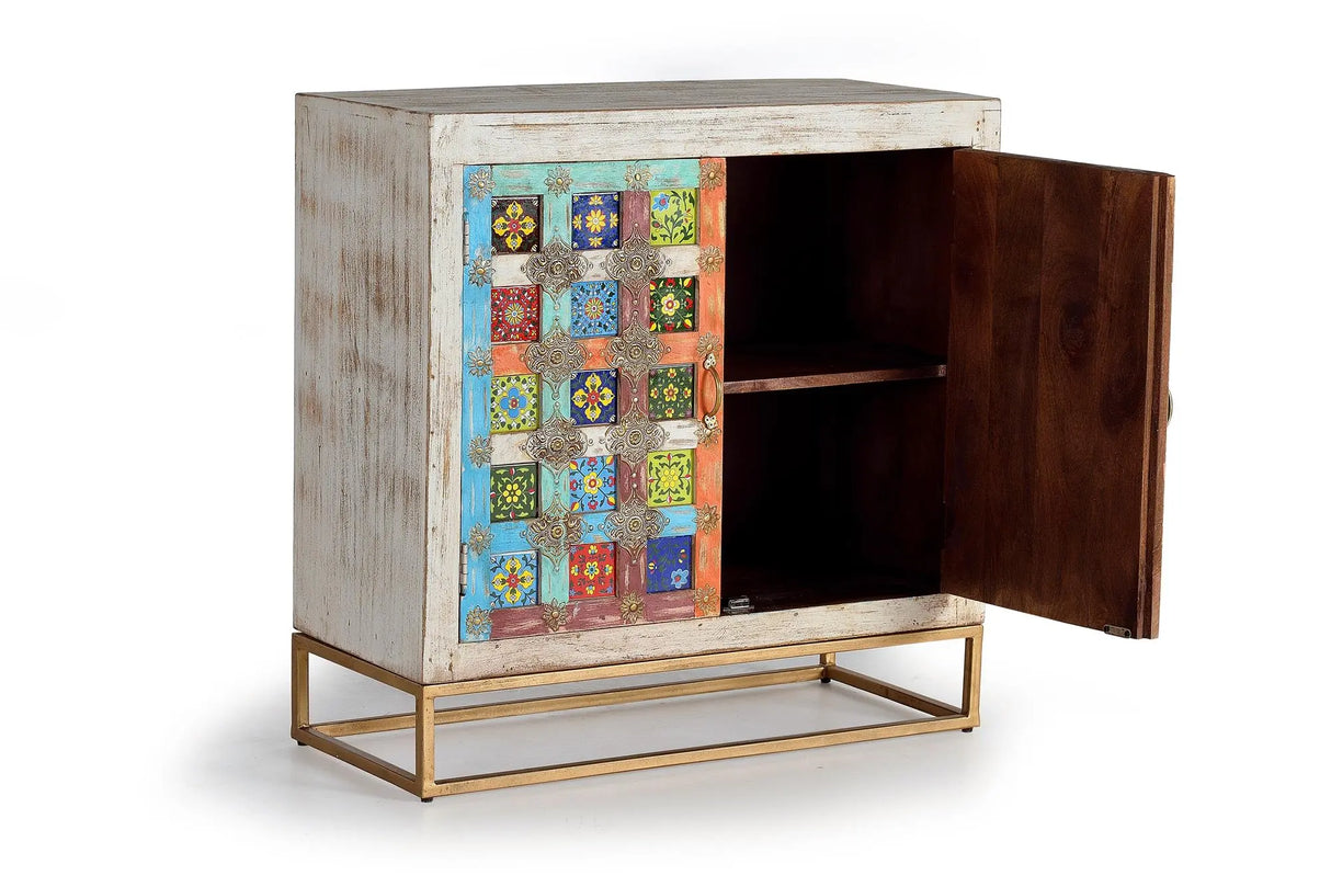 Giner and Colomer - 2-Door Mango Wood Sideboard With Metal Base & Ceramic Door Details