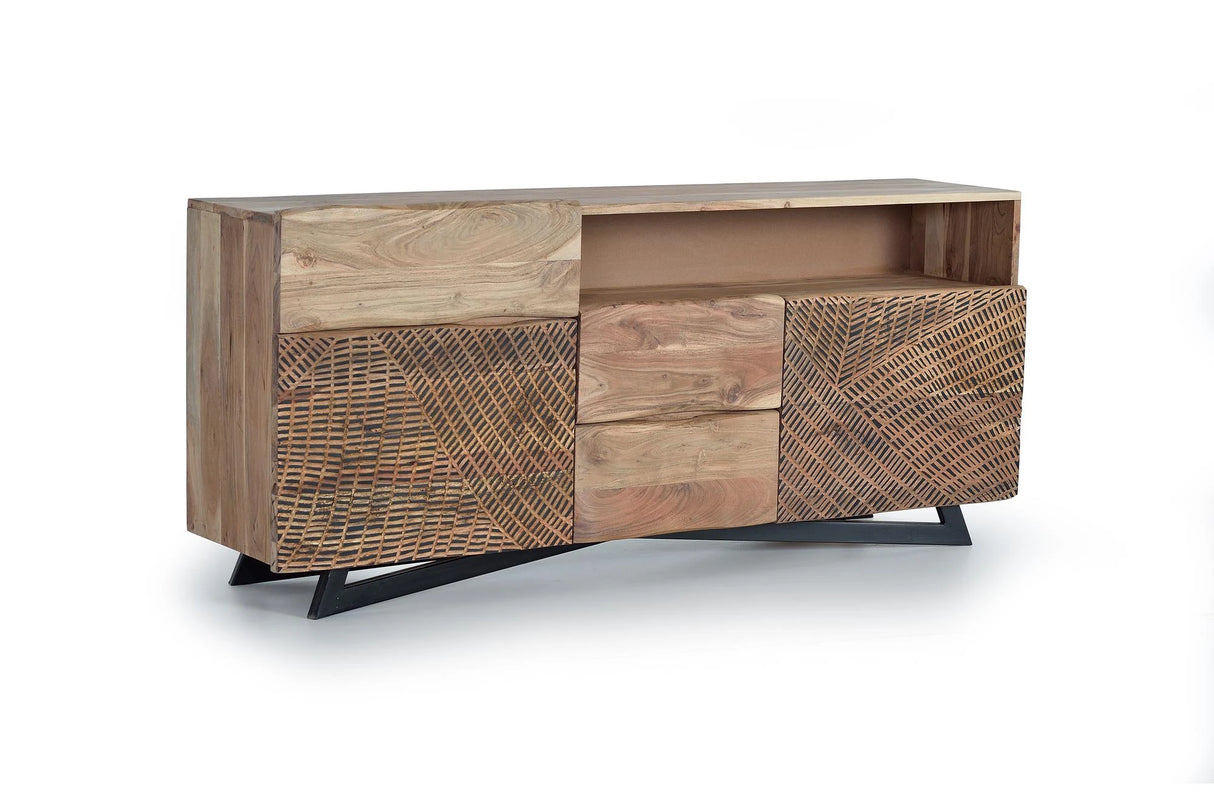 Giner and Colomer - Acacia Wood Sideboard With 2 Doors, 3 Drawers & Hand-Carved Fronts