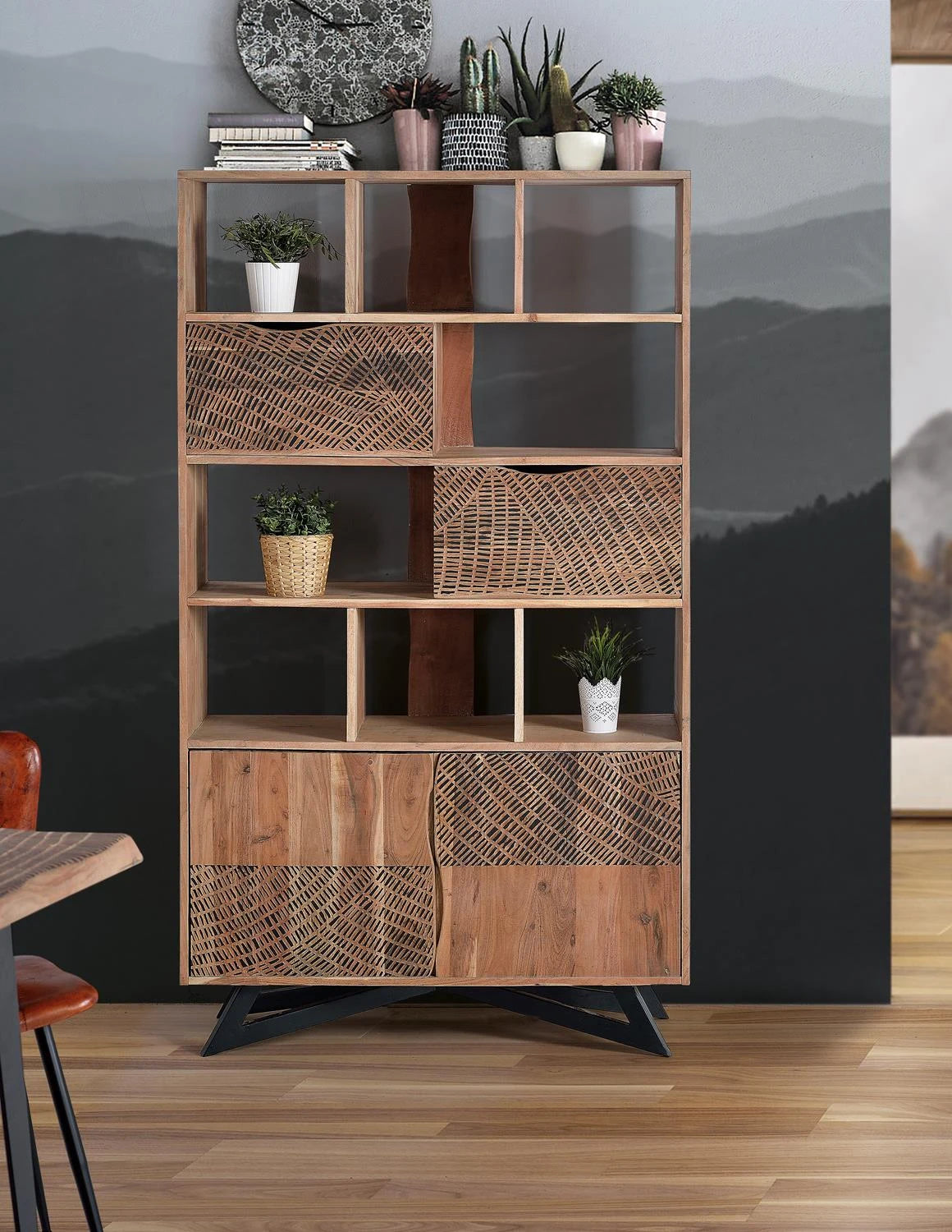 Giner and Colomer - Acacia Wood Bookcase With 2 Drawers, 2 Doors & Hand-Carved Door Details